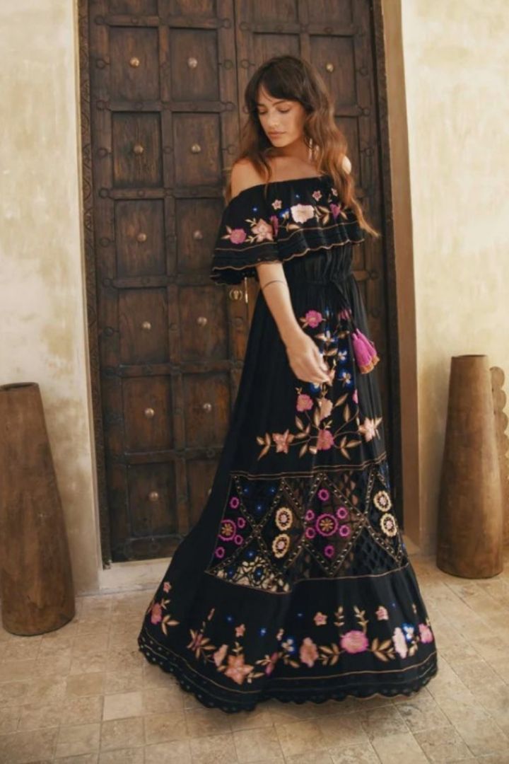 black floral off shoulder dress ZAIMARA Casablanca Off-the-Shoulder Gown Natalie Portman's top 9 WNN_MPN:FF0R9391LD630PA draping shoulder straps Color:NUDE SILVER