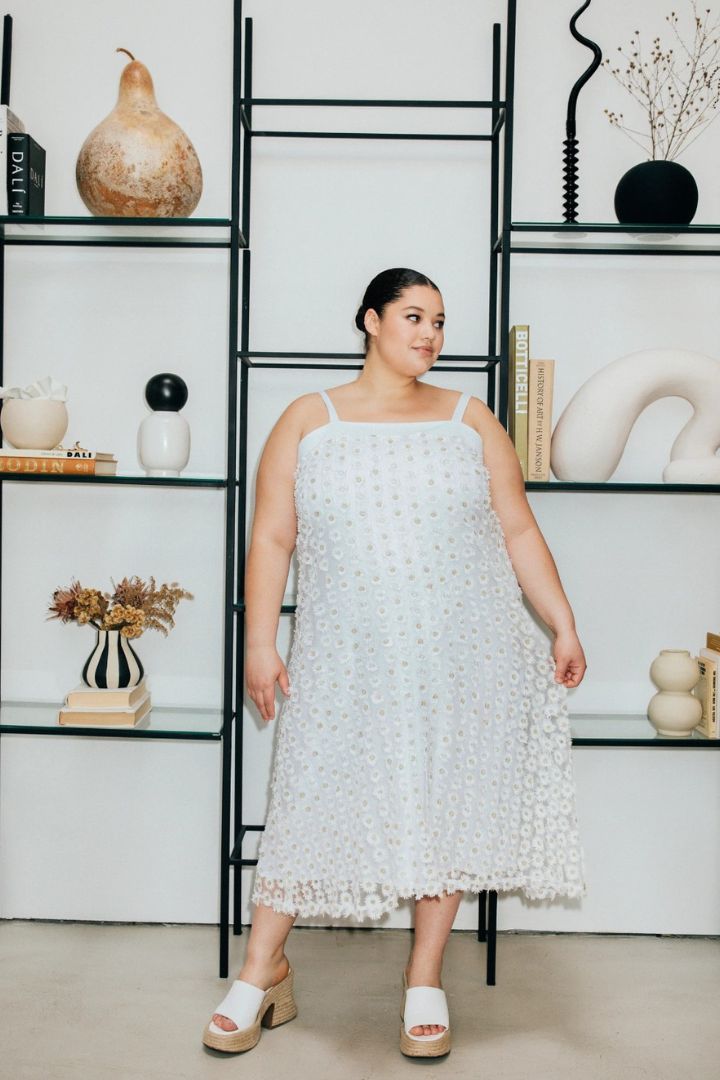 Model wearing Hilary MacMillan textured daisy dress