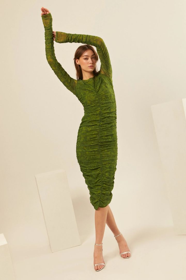 Hilary MacMillan Printed Ruched Mesh Dress