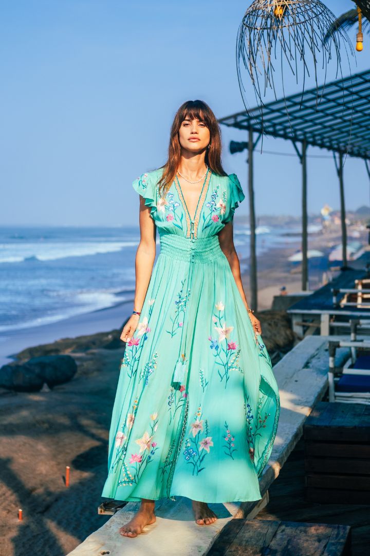 ZAIMARA Flores aqua green gown