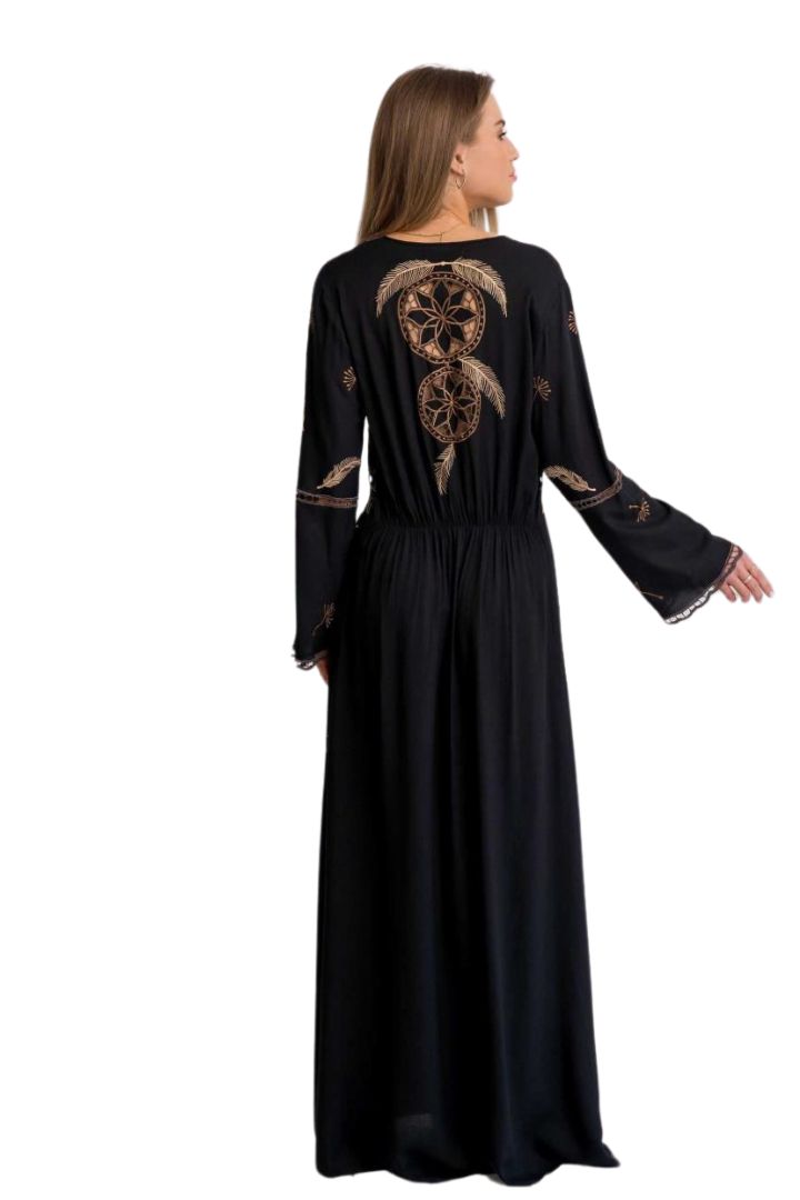 Black long-sleeve dress with embroidery on a white background