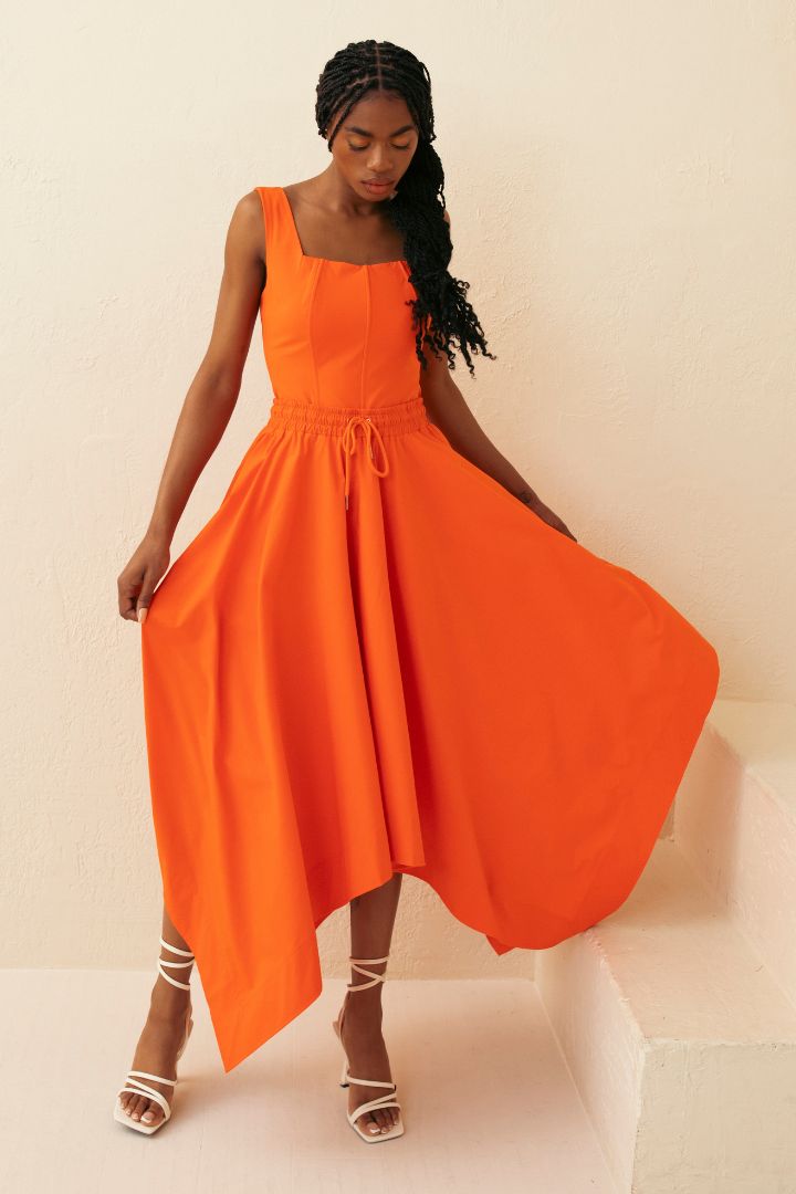 Hilary MacMillan orange corset top with a skirt