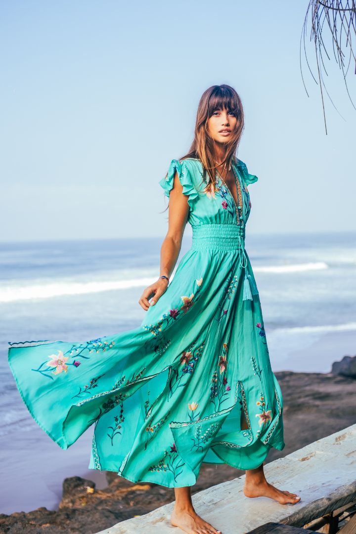 ZAIMARA Flores aqua green gown side view