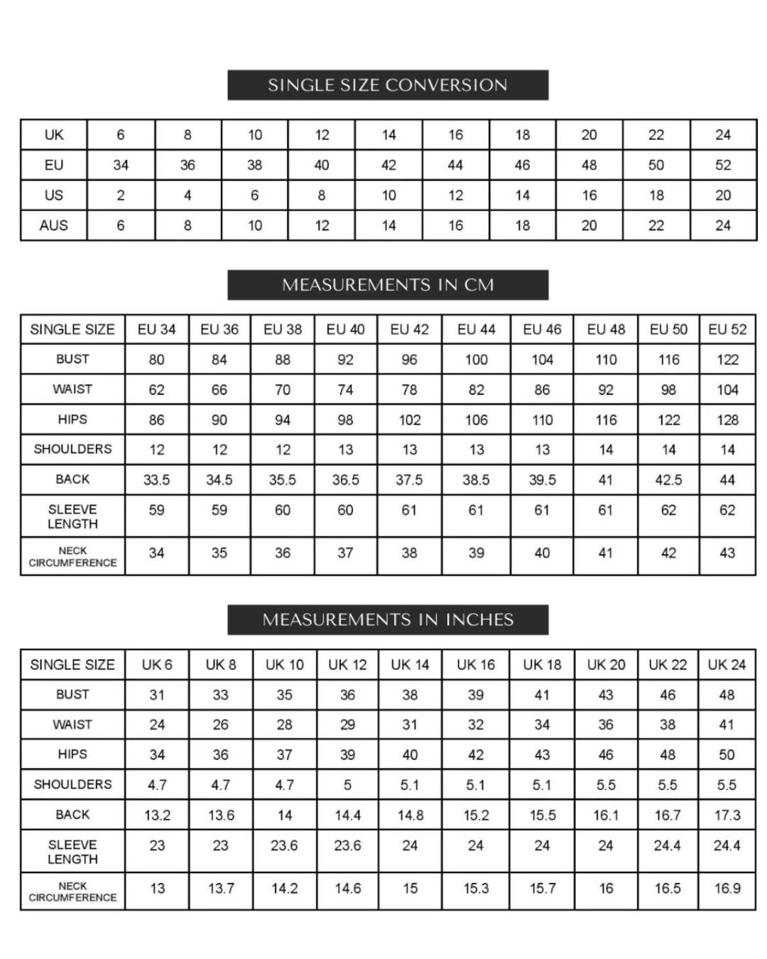 Complete Bastet Noir size chart