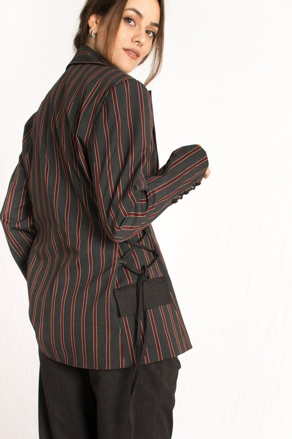 grey red stripes blazer with shoulder pads and corset side details