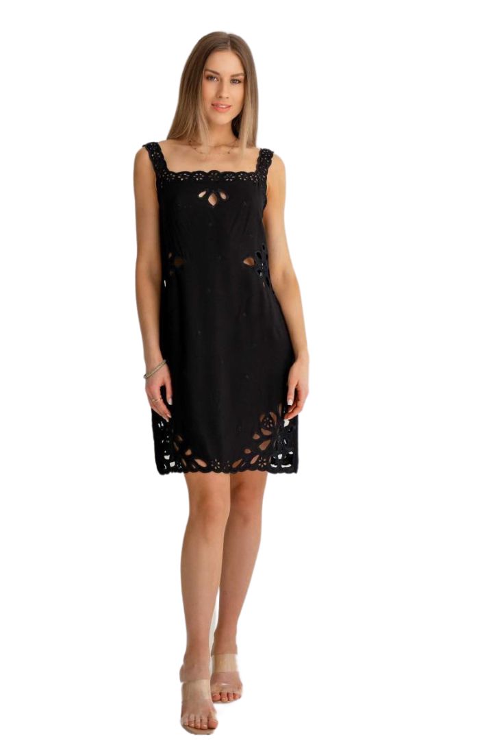 Black dress with cut-out details worn by a model on a white background