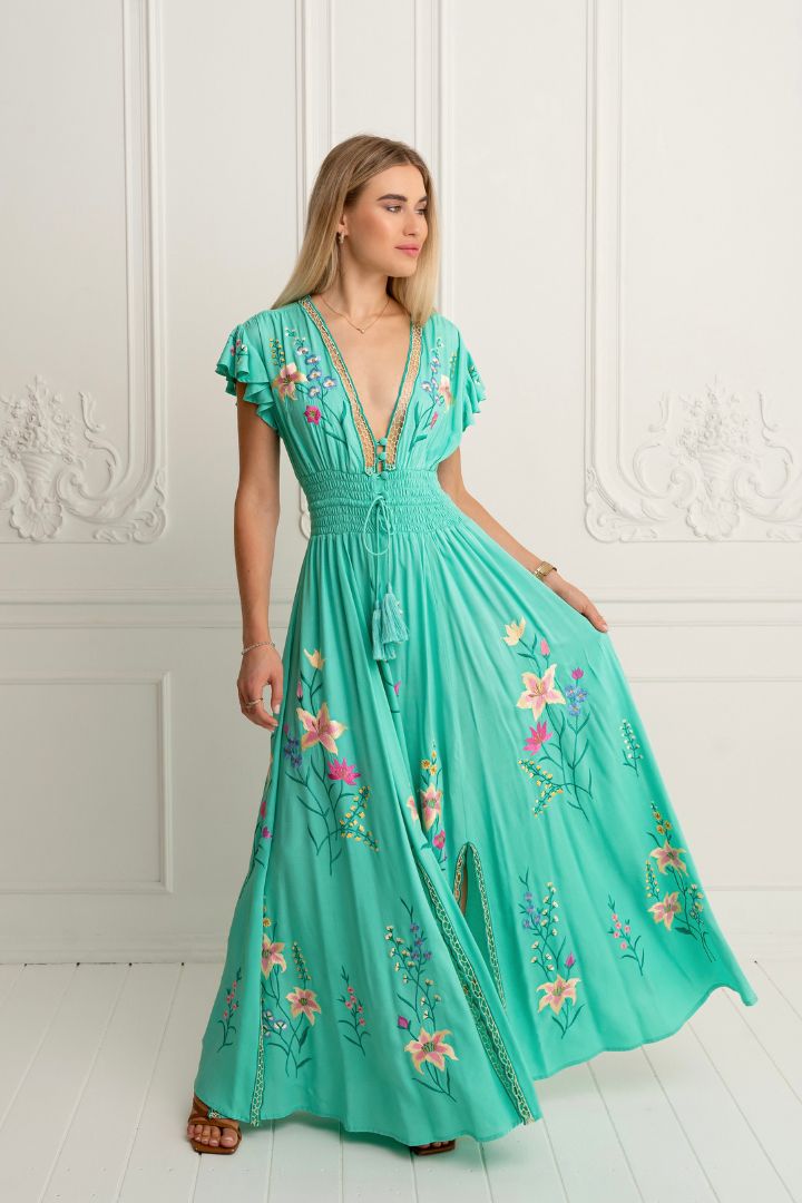 ZAIMARA Flores aqua green gown studio model