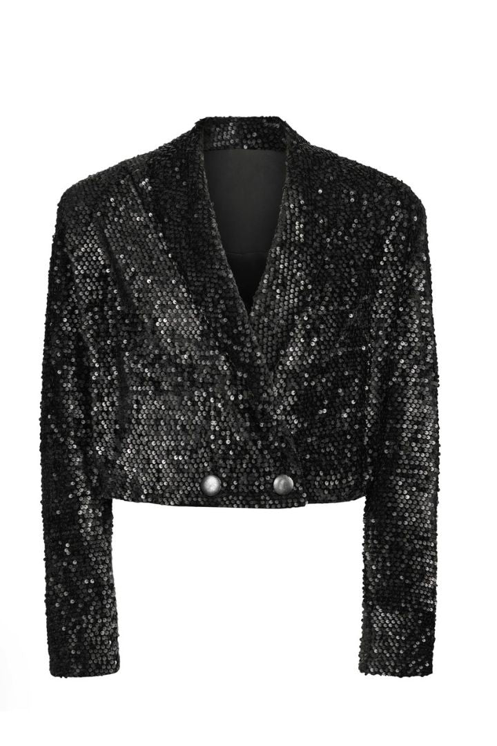 Black sequin blazer on a white background