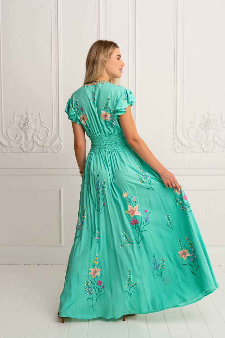 ZAIMARA Flores aqua green gown back view full length studio model