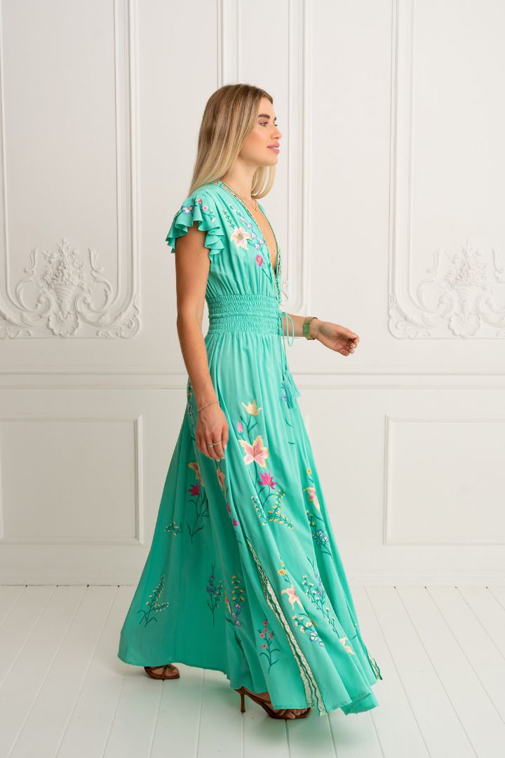ZAIMARA Flores aqua green gown studio model side view of gown