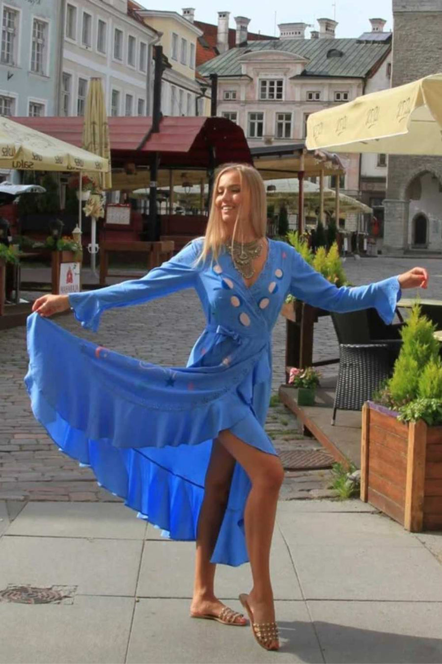 ZAIMARA Azure blue maxi wrap dress