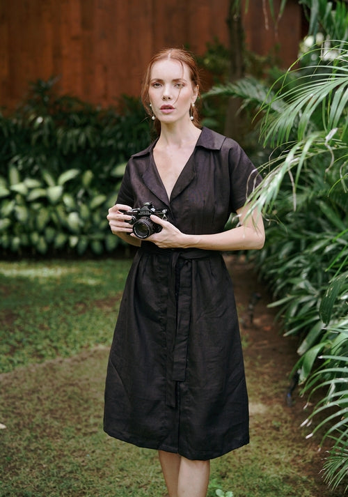 Arya sustainable linen midi dress in black