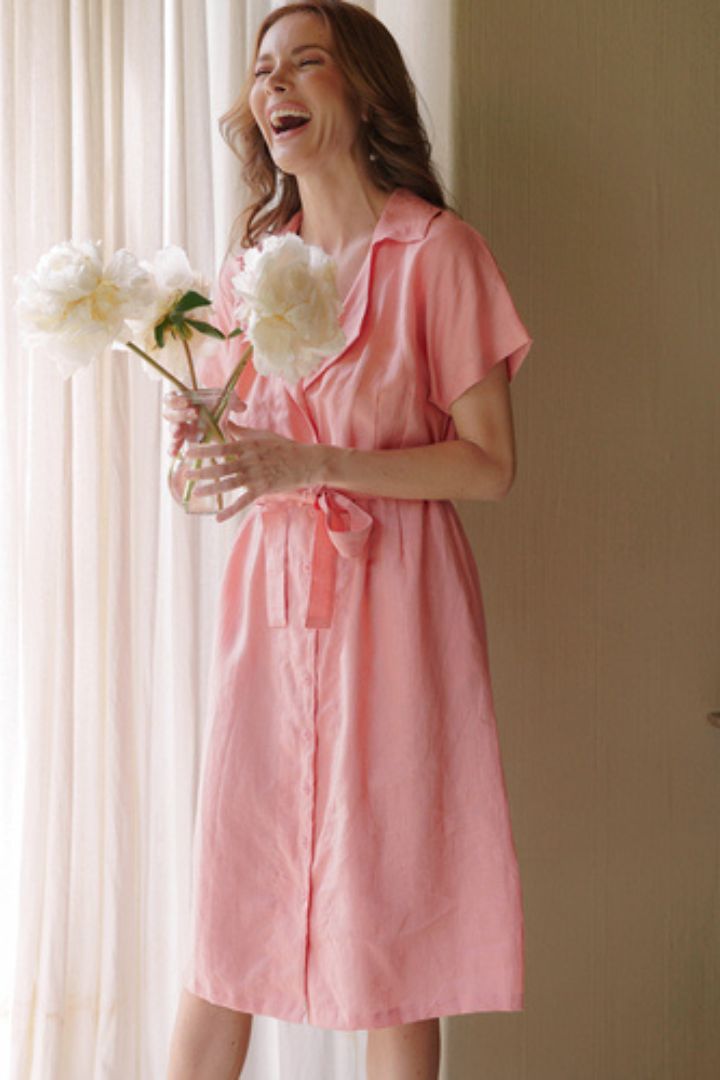 BrunnaCo linen midi dress in salmon pink
