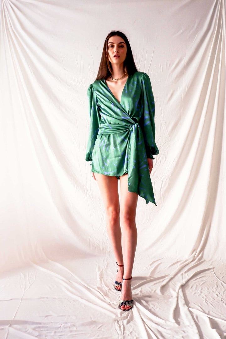 Green graphic print satin silk playsuit with side bow and bell sleeves  Edit alt text
