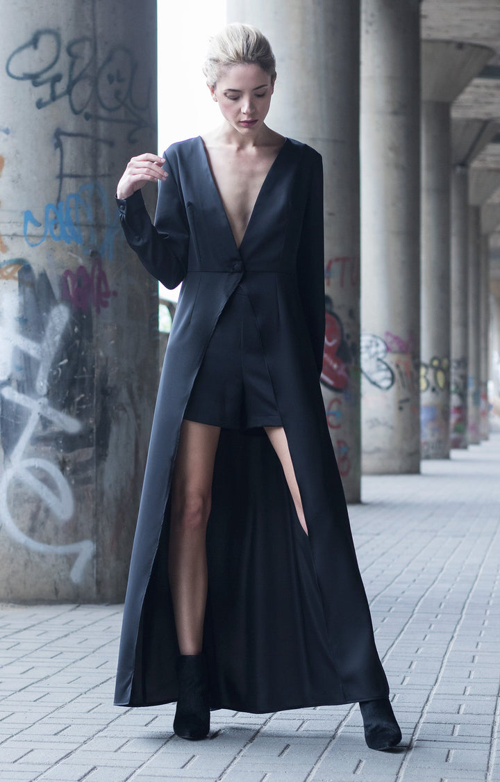 Black maxi cape dress with mini shorts BastetNoir