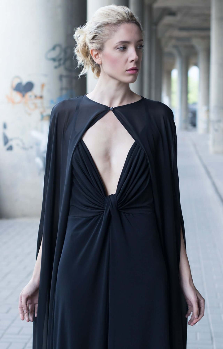 Plunging neckline and front slit dress with detachable cape BastetNoir