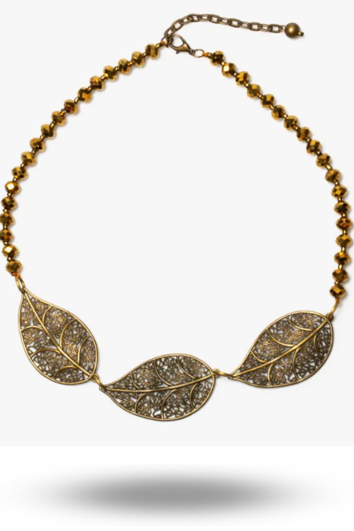 Suzie Blue beaded bronze triple leaf necklace