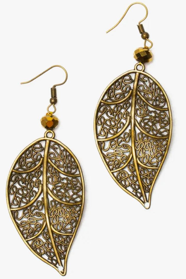 Suzie Blue bronze leaf and crystal earrings