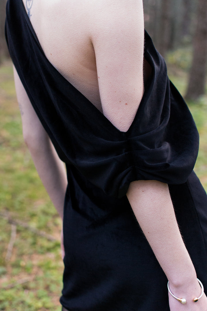 Black velvet asymmetric off shoulder mini dress