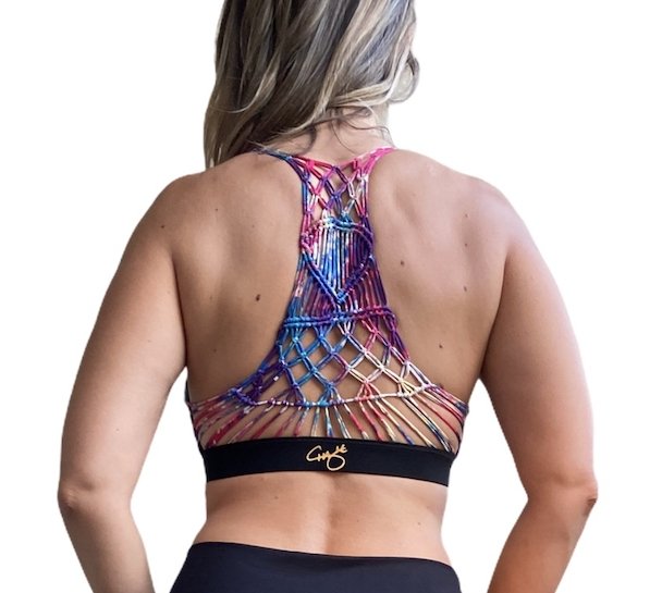 Brio Soul black sports bra with rainbow macramé
