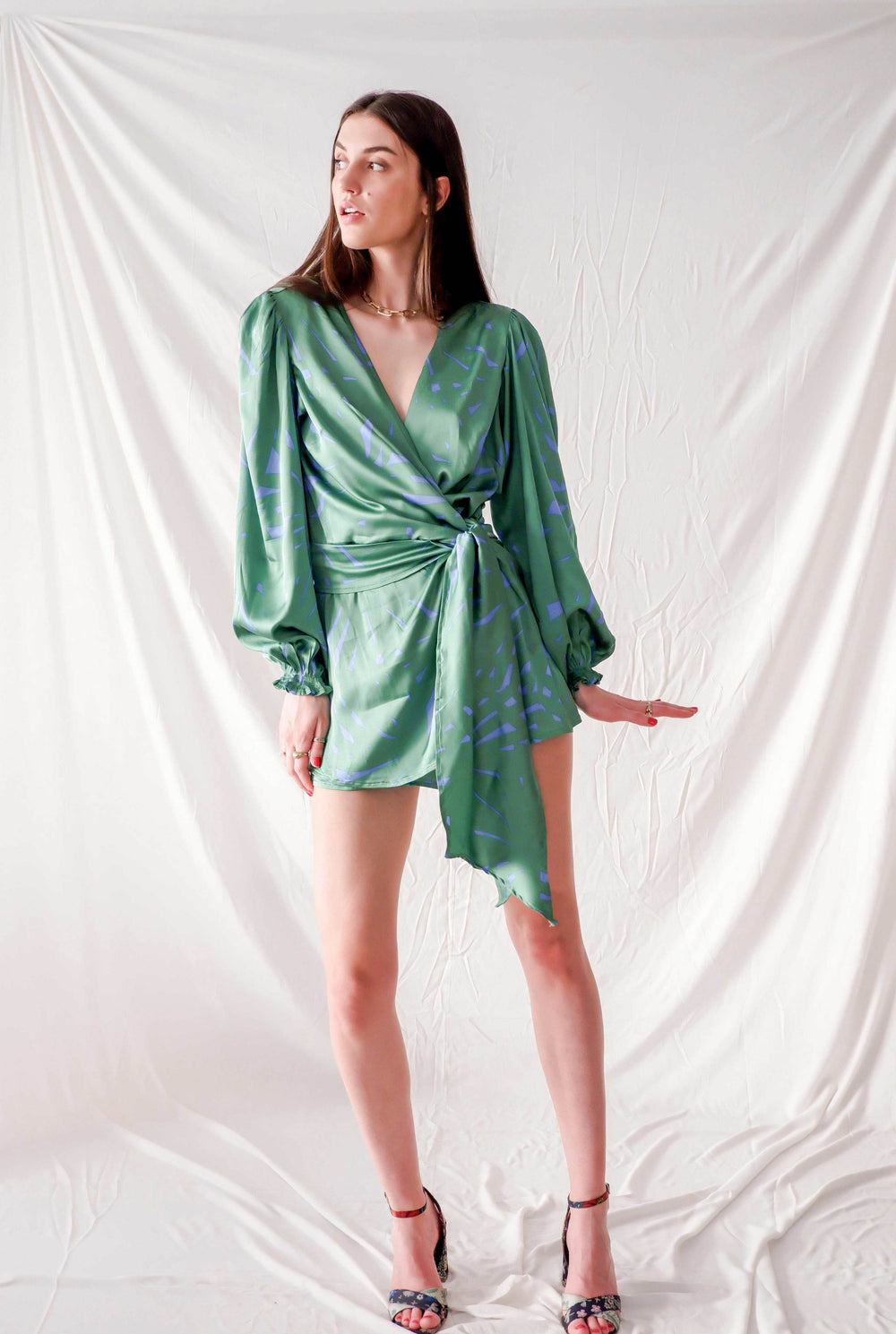 Green graphic print satin silk short playsuit with side bow and bell sleeves