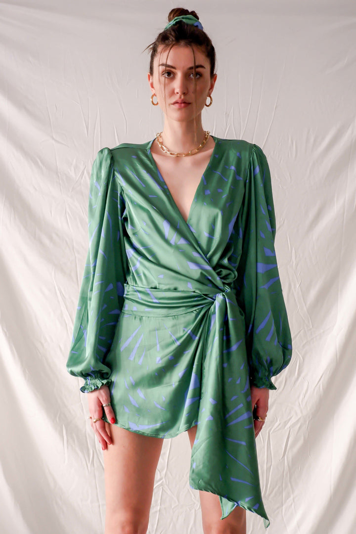 Green graphic print satin silk playsuit with side bow and bell sleeves