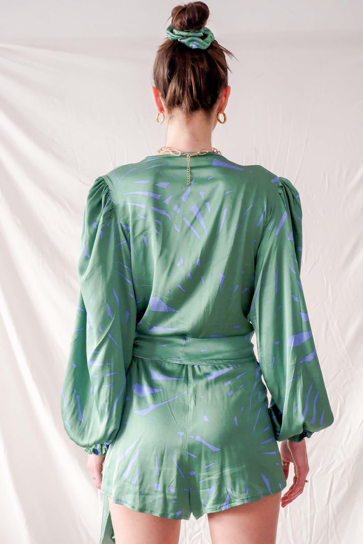 Green graphic print satin silk playsuit with side bow and bell sleeves