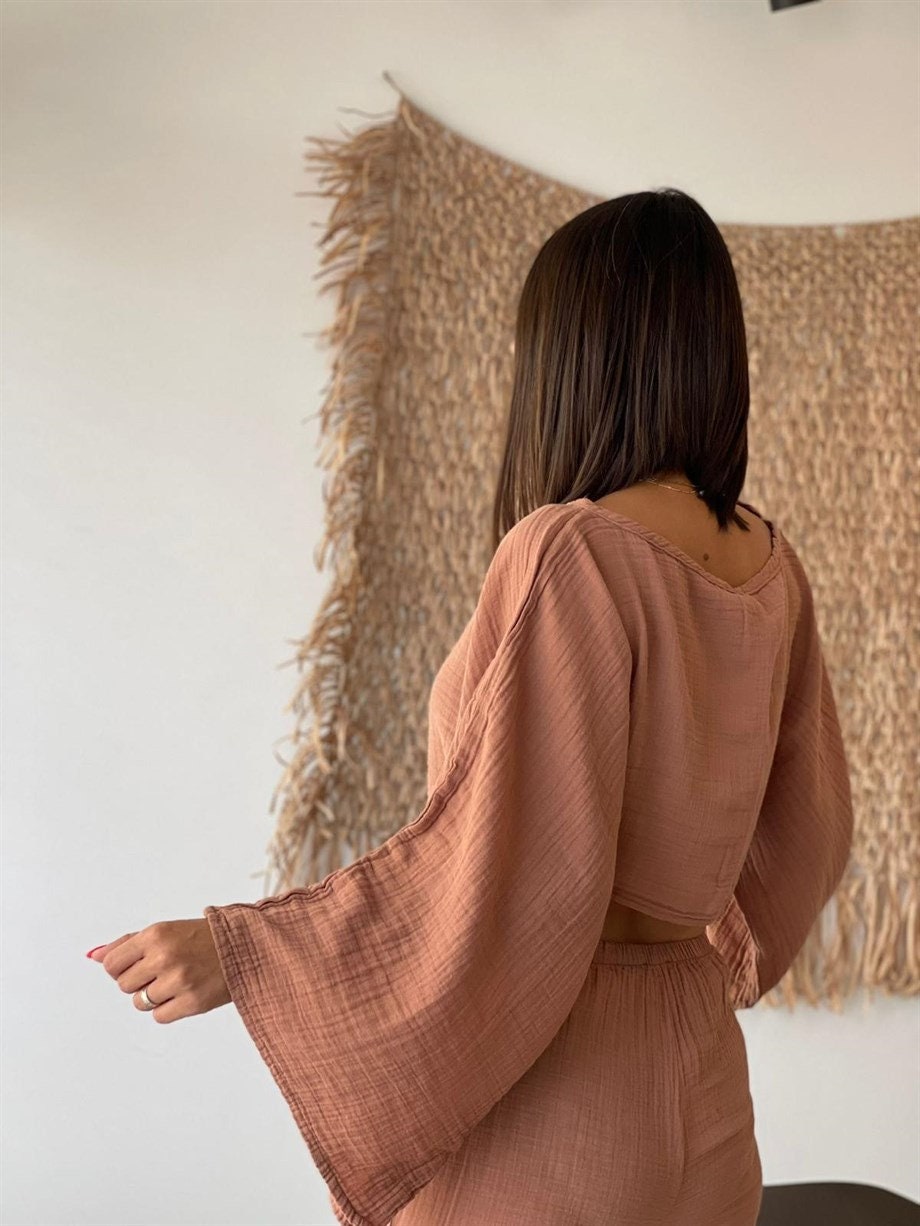 Heart Earth Craft long sleeve crop top in mocha back view