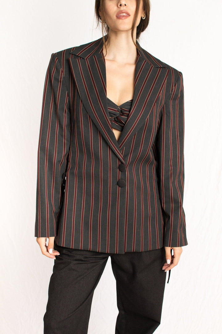 grey red stripes blazer with shoulder pads and corset side details