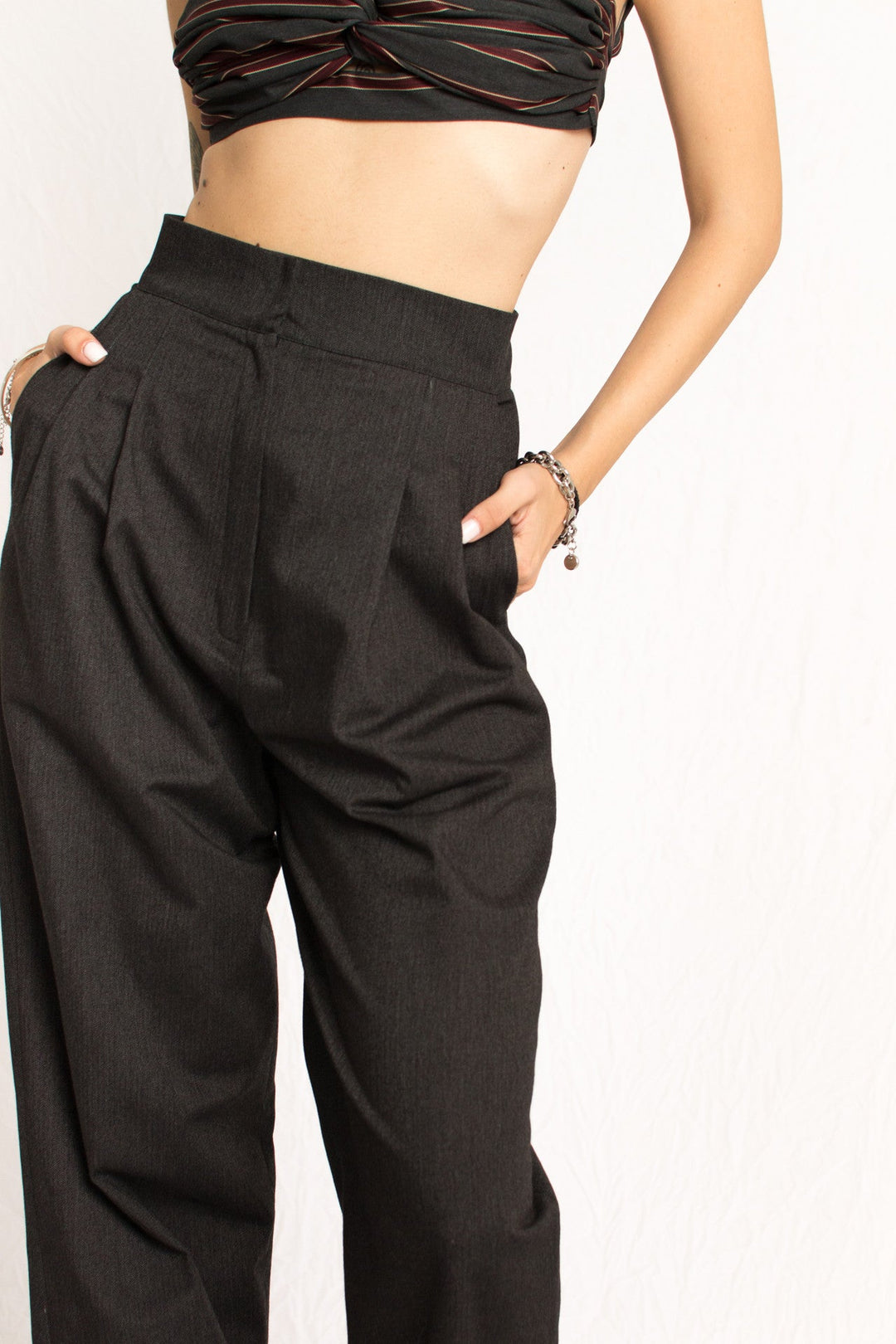 grey wool high waist pants with pockets