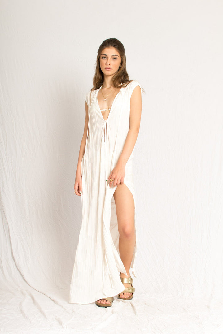 maxi pleated reversible white beach dress with side slits